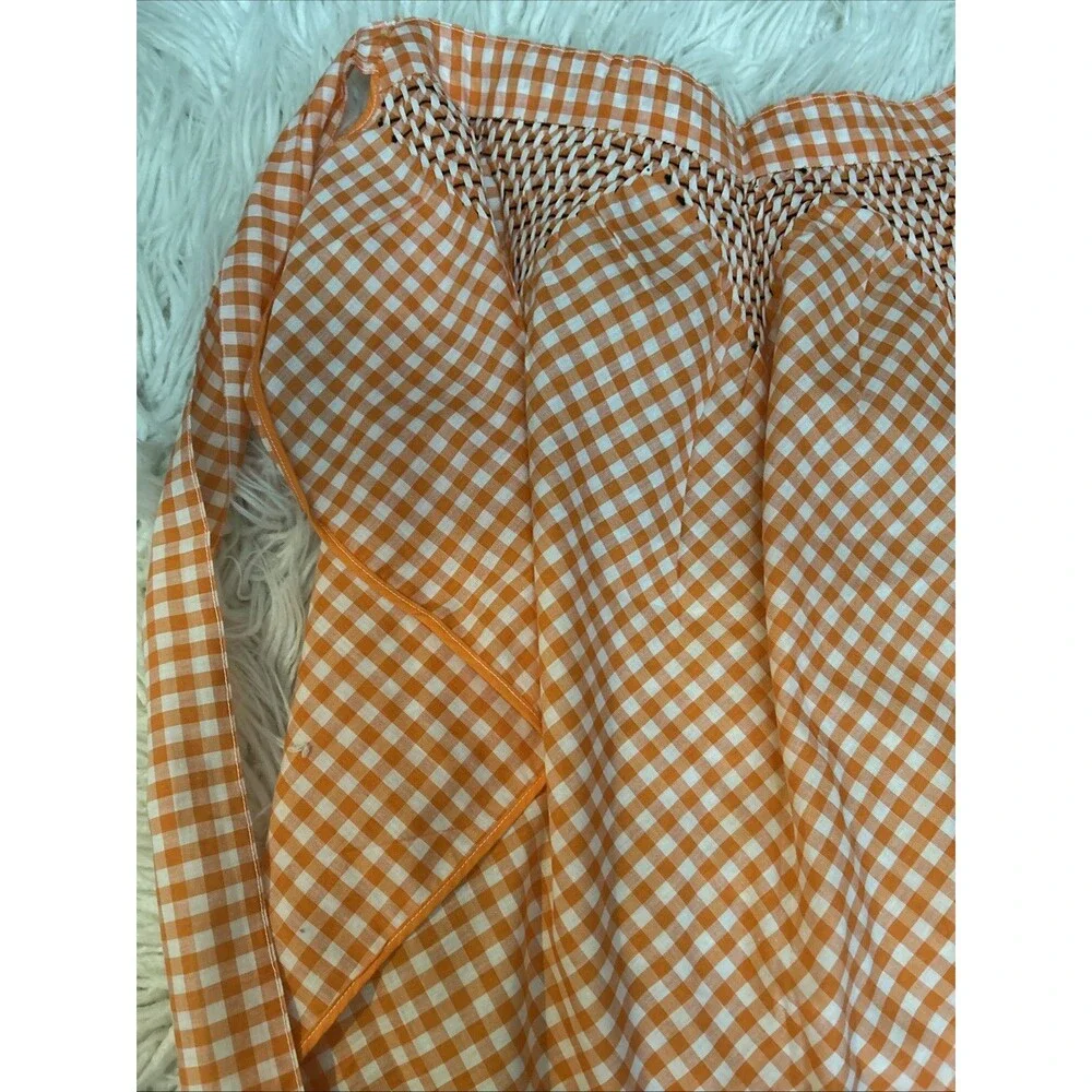 Vintage Gingham Apron Embroidery Orange White Pocket Tie Waist Cottage Core